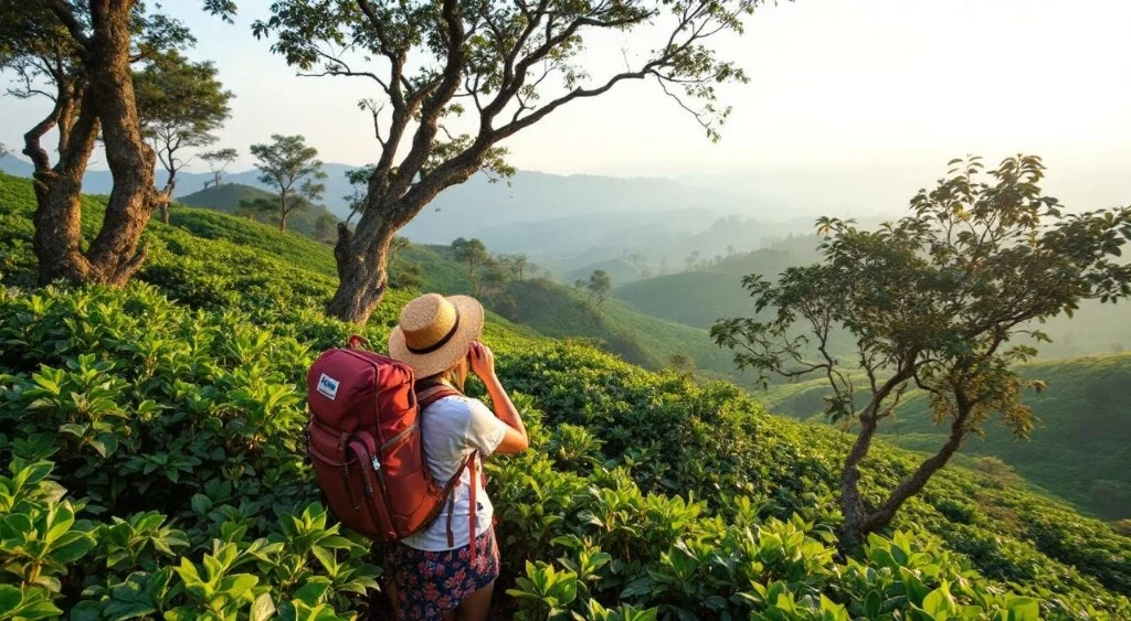 Traveler overlooking mist-veiled emerald Ceylon tea hills at sunrise