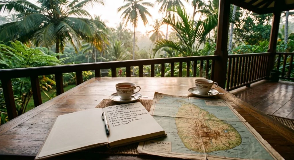 Planning a bespoke Sri Lanka journey with Ceylon tea, handwritten notes, and an island map on a tropical verandah