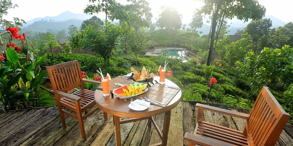 Breakfast terrace overlooking panoramic mountain ridges in Ella