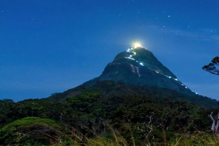 Pilgrims climbing the illuminated stairway steps of Adam's Peak
