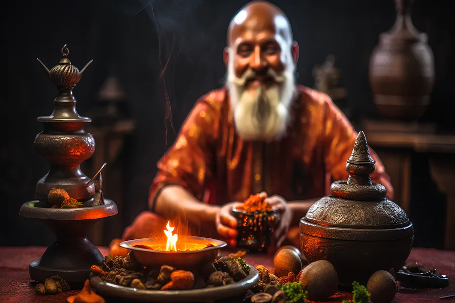 Ancient Ayurvedic medical manuscripts and traditional artifacts