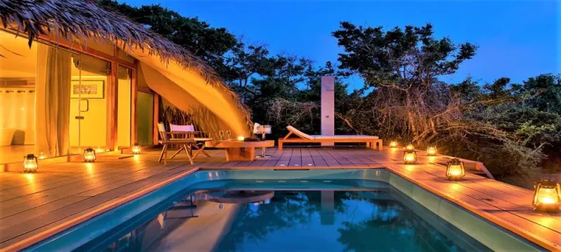Uga Chena Huts safari pavilion with private pool in Yala National Park