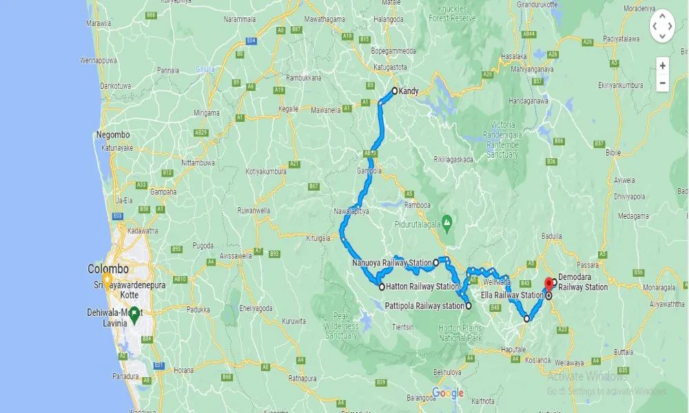 Main railway stations map for the scenic Kandy to Ella train journey