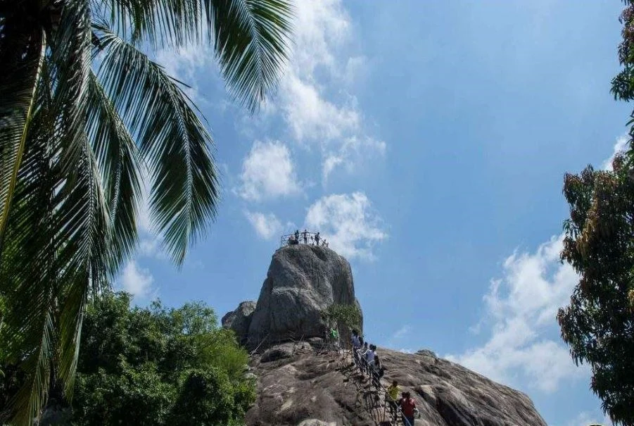Panoramic view of the sacred rock summits and stairways at Mihintale