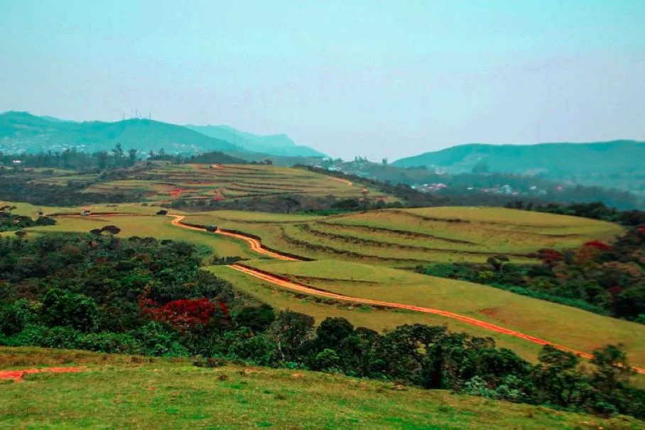 Landscape of Moon Plains with its winding pathway through the highland meadows