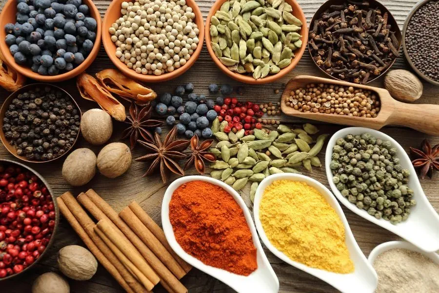 A colorful collection of traditional Sri Lankan spices