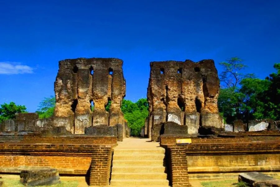 The soaring multi-story brick walls of the Royal Palace of King Parakramabahu in the Citadel of Polonnaruwa