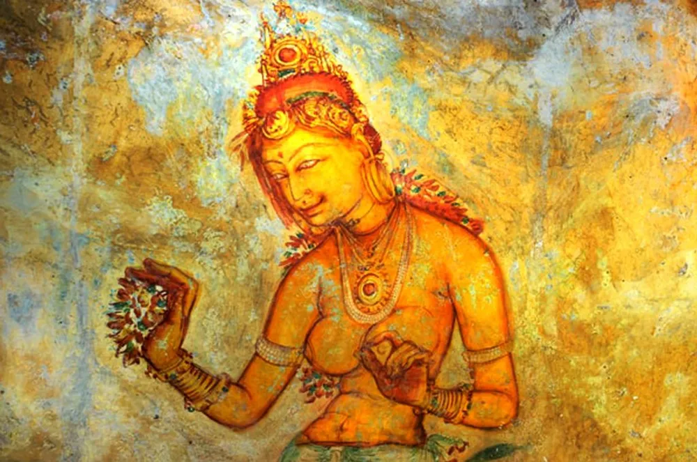 Ancient 5th-century fresco paintings of celestial maidens at Sigiriya