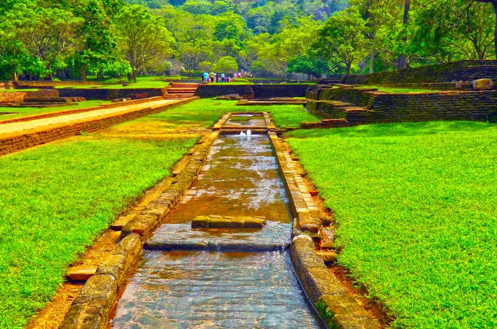 Symmetrical ancient water gardens and royal pools at Sigiriya