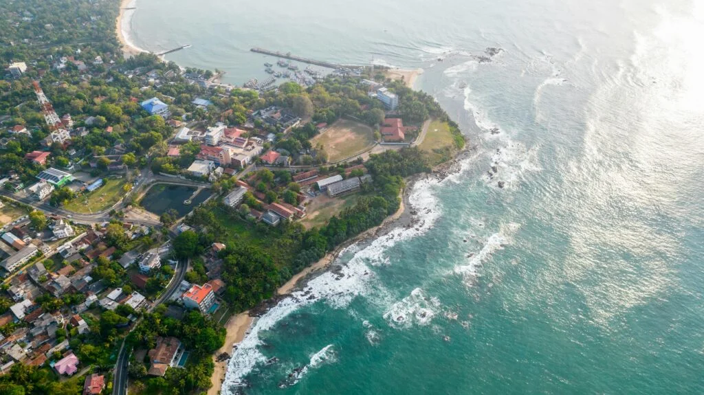Aerial view of the dramatic rocky headland and coastline of Tangalle