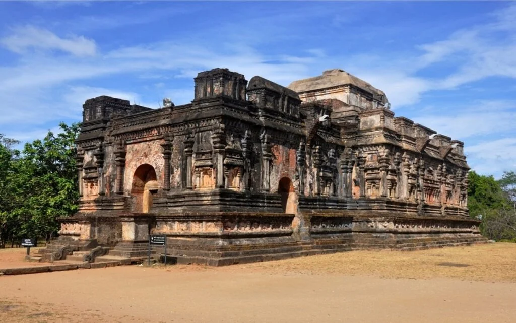 The vaulted brick facade and ancient corbelled roof of Thuparama Image House in Polonnaruwa