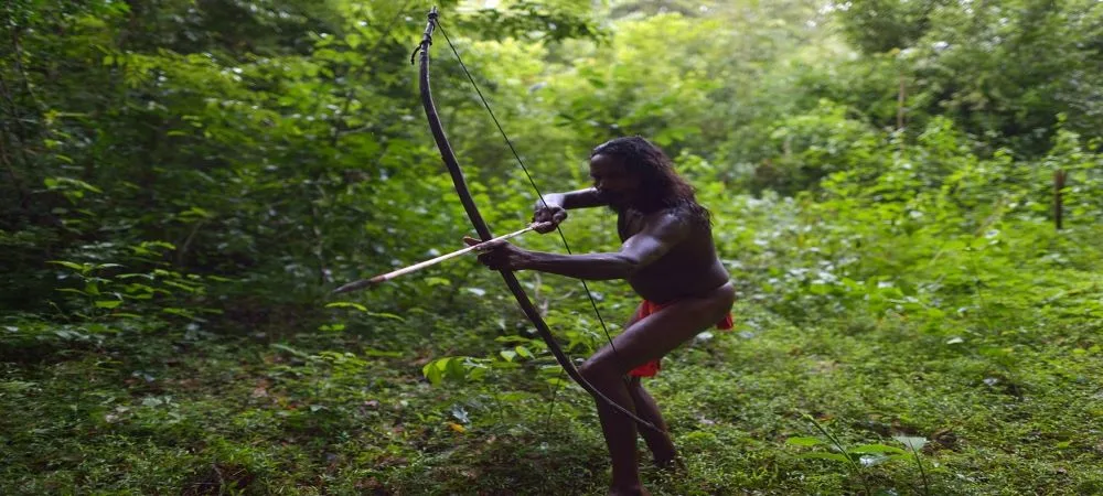 Vedda hunter-gatherer armed with traditional bow and arrows in the forest